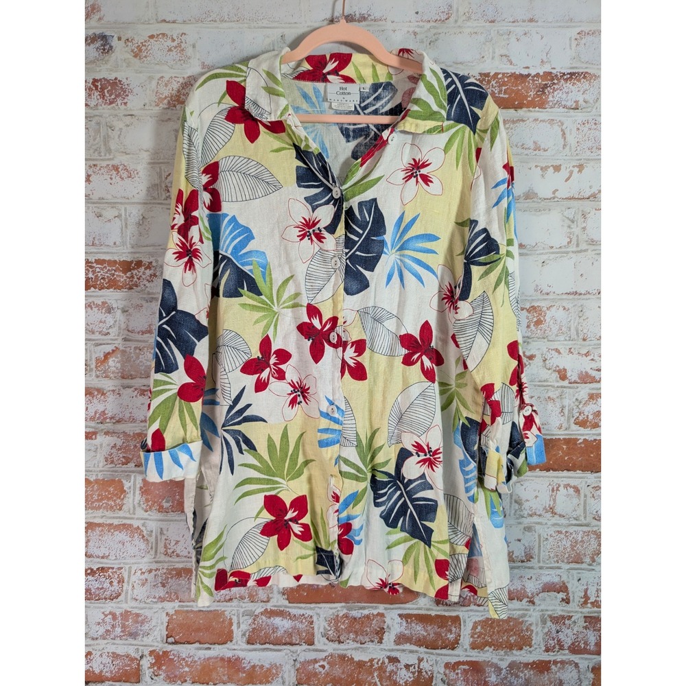 Hot Cotton Button Up Shirt Women L Yellow Floral Tropical Linen‎ Made in USA
